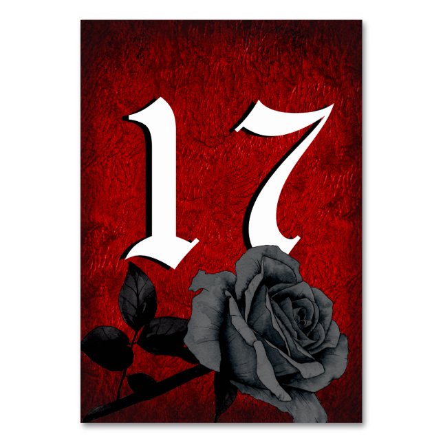 Gothic Deep Red Black Rose Wedding Tischnummer (Vorderseite)