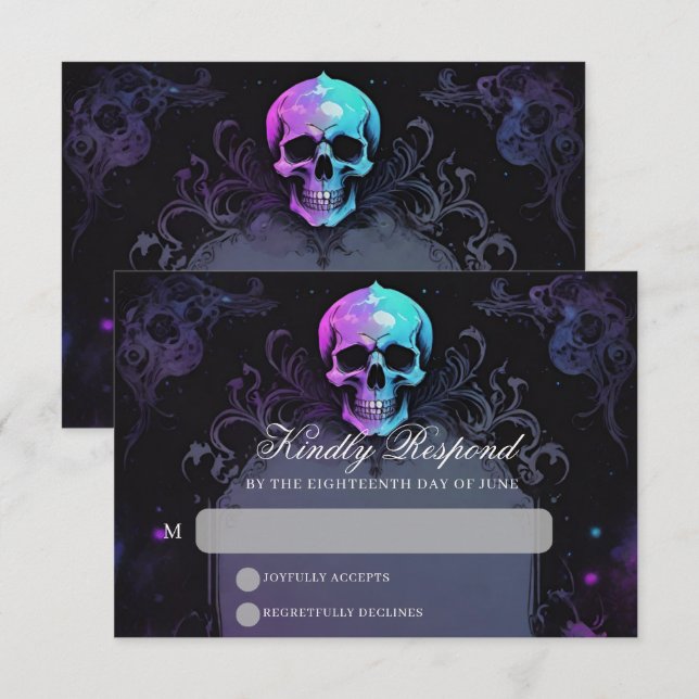 Gothic Elegance Lila Boho Skull Floral Wedding RSVP Karte (Vorne/Hinten)