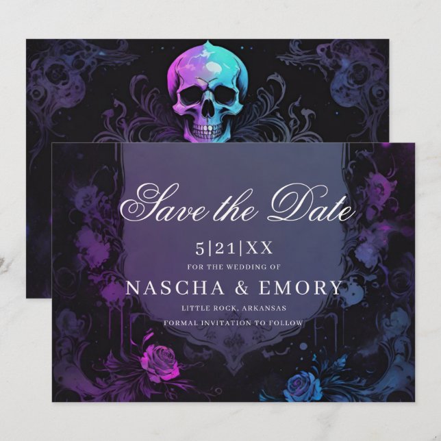 Gothic Elegance Lila Boho Skull Save the Date (Vorne/Hinten)