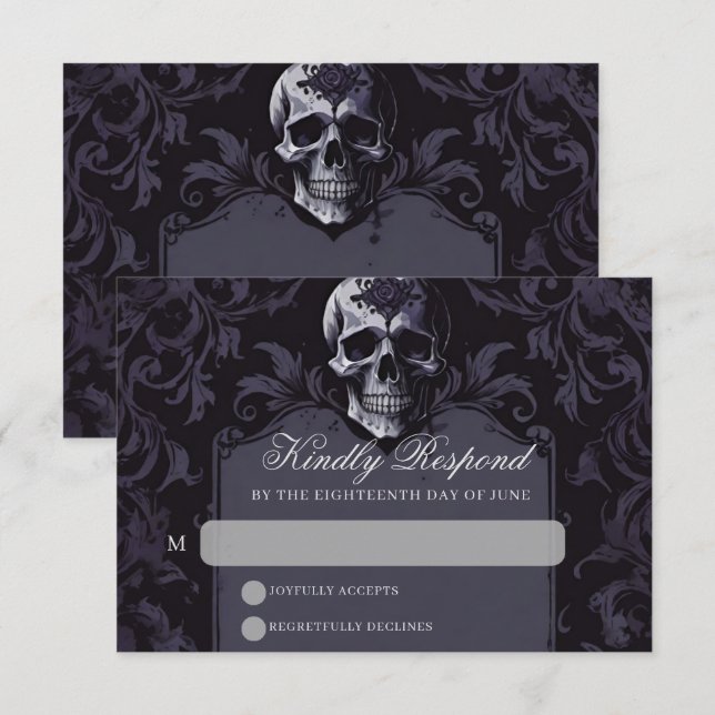 Gothic Elegance Lila Boho Skull Wedding RSVP Karte (Vorne/Hinten)