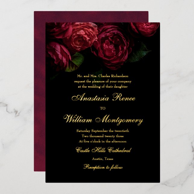 Gothic Elegant Moody Floral Black & Gold Wedding Folieneinladung (Vorderseite/Rückseite)
