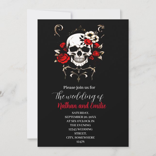 Gothic Elegant Schwarz und Rot Einladung zur Hochz (Vorderseite)