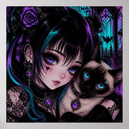 Gothic Emo Anime Mädchen & Katze Poster
