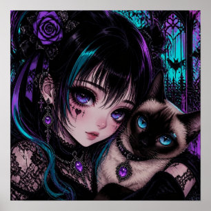 Gothic Emo Anime Mädchen & Katze Poster