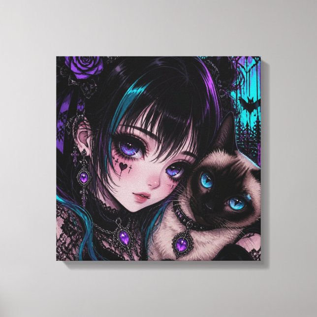 Gothic Emo | Anime-Mädchen und Katze Leinwanddruck (Vorderseite)