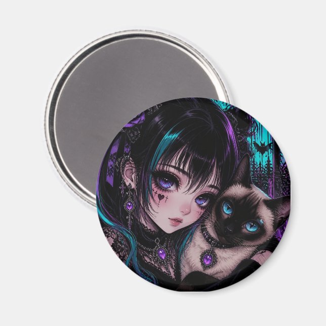 Gothic Emo Anime-Mädchen und Katze Magnet (Vorderseite/Rückseite)