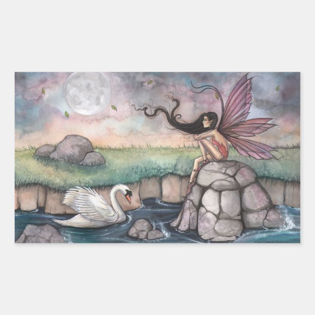 Gothic Fairy and Swan Fantasy Art Rechteckiger Aufkleber (Vorderseite)