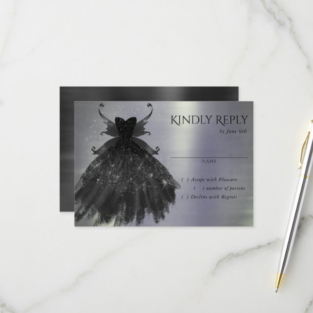 Gothic Fairy Black Gown | Vampy Glam Goth Sheen RSVP Karte (Vorderseite/Rückseite Beispiel)