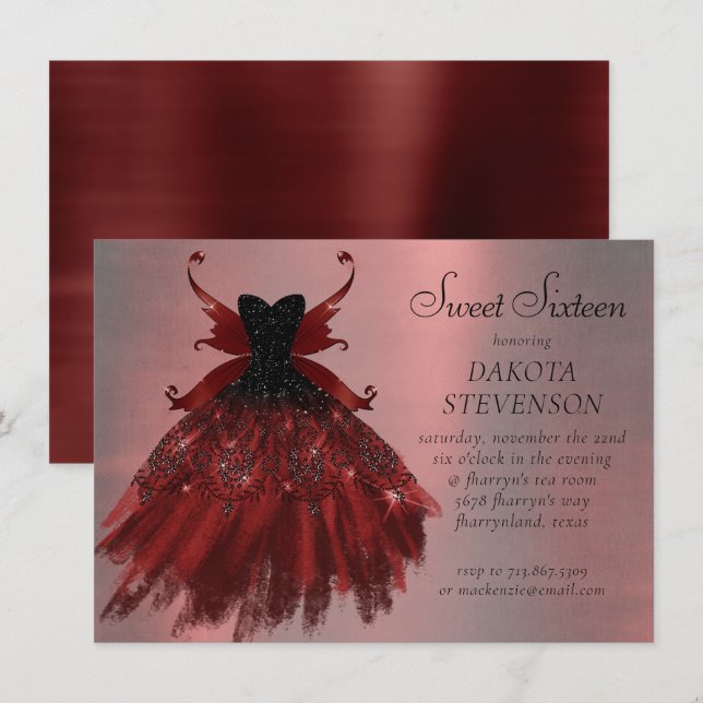 Gothic Fairy Crimson Gown | Deep Radiant Red Sheen Einladung (Vorne/Hinten)