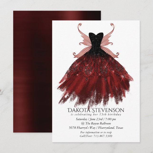 Gothic Fairy Crimson Gown | Deep Radiant Red Sheen Einladung (Vorne/Hinten)