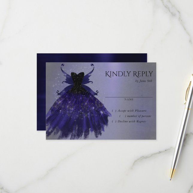 Gothic Fairy Indigo Gown | Deep Royal Lila Sheen RSVP Karte (Vorderseite/Rückseite Beispiel)