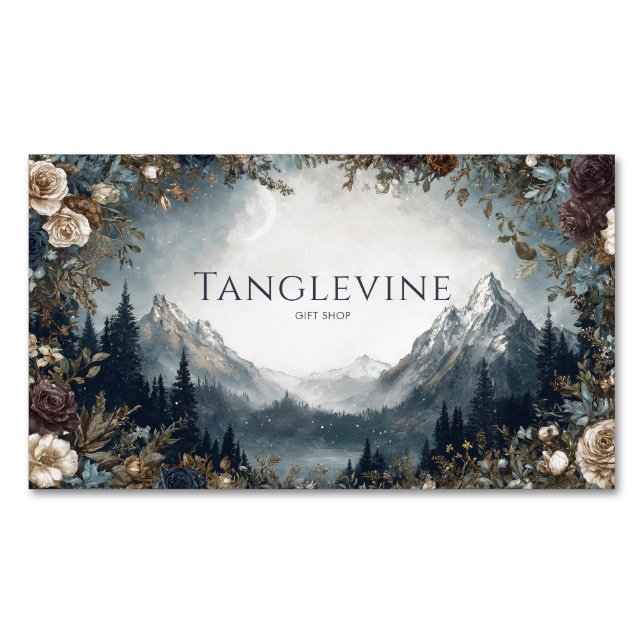 Gothic Fairytale Floral Frame Mountain Moon Scene Magnetische Visitenkarte (Vorderseite)