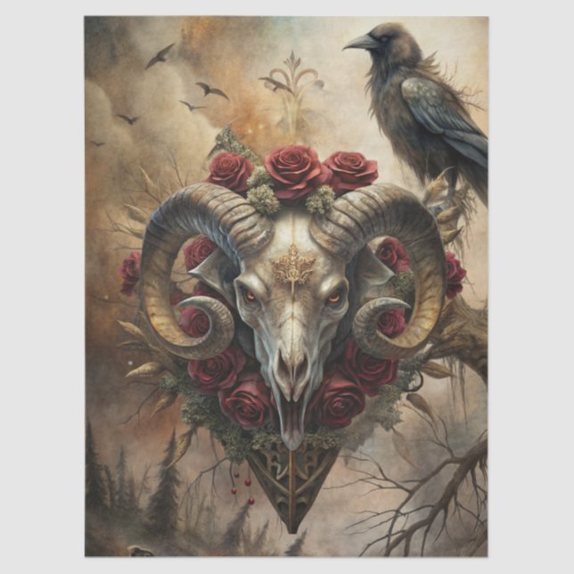 Gothic Fantasy Widder-Schädel & Rabe Seidenpapier (Vorderseite)