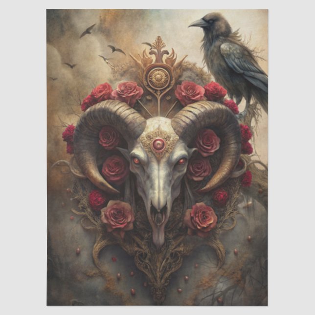 Gothic Fantasy Widder-Schädel & Rabe Seidenpapier (Vorderseite)