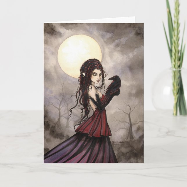 Gothic Fantasy Witch and Raven Wiccan Art Karte (Vorderseite)