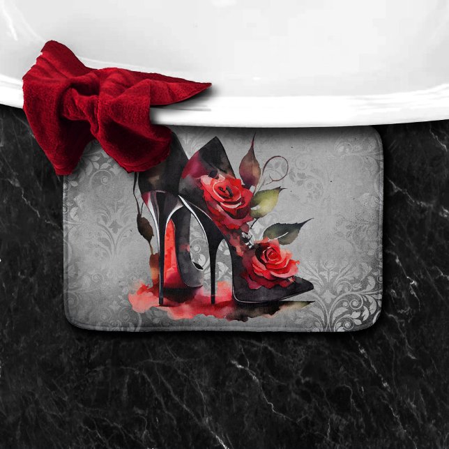 Gothic Fashionista Rote Bottom Stilettos mit Rose Badematte (Von Creator hochgeladen)