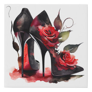 Gothic Fashionista Rote Bottom Stilettos mit Rose Künstlicher Leinwanddruck