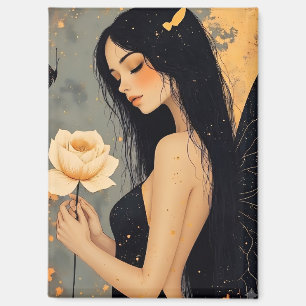Gothic-Feenkönigin mit weißen Flügeln und Rose   Magnet