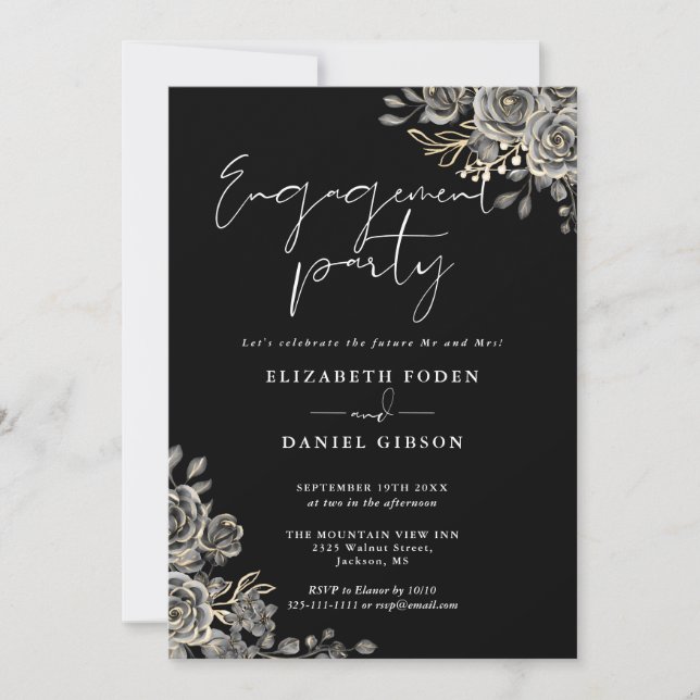 Gothic Floral Black and White Engagement Party Einladung (Vorderseite)