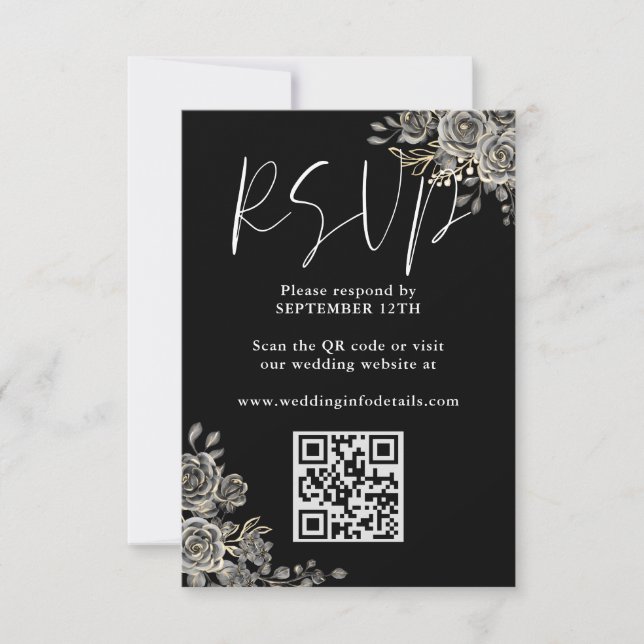 Gothic Floral Black and White Wedding QR Code RSVP Karte (Vorderseite)