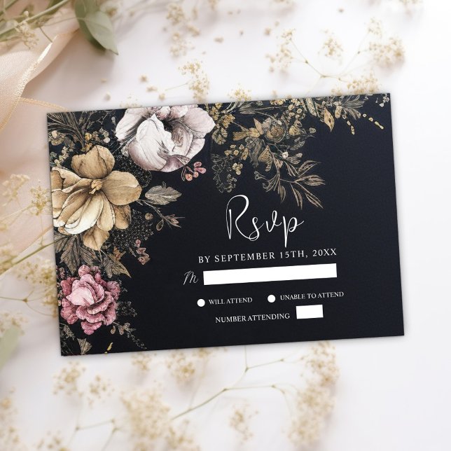 Gothic Floral Dark Unique Black Wedding RSVP Karte (Gothic Floral Dark Unique Black Wedding RSVP Card)