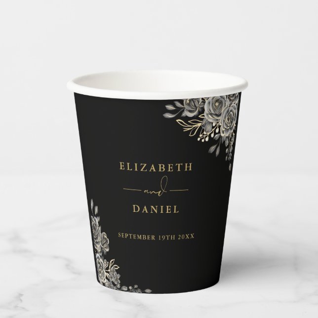 Gothic Floral Elegante Schwarz-Gold Hochzeit Pappbecher (Vorderseite)