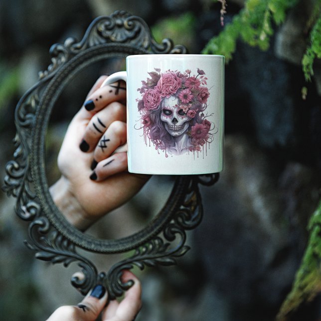 Gothic Floral Halloween Pink Skull Witch Girly Kaffeetasse (Halloween Pink Skull Girl Mug)