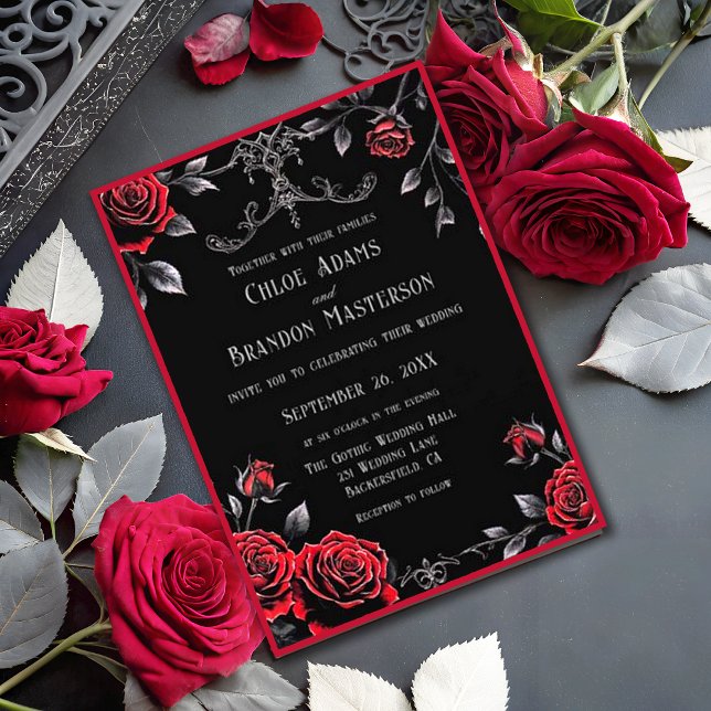 Gothic Floral Red and Black Design Wedding Einladung (Von Creator hochgeladen)