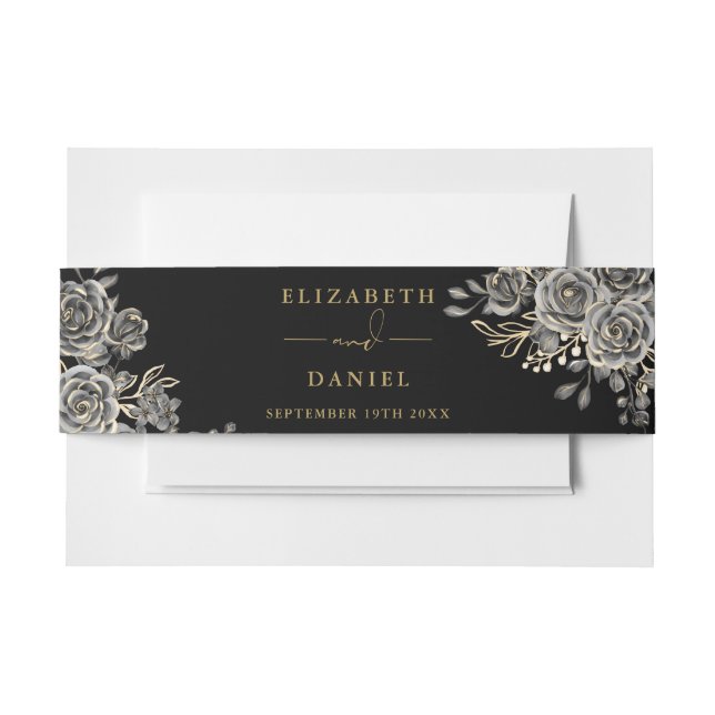 Gothic Floral Rose Black and Gold Hochzeit Einladungsbanderole (Vorderseite Beispiel)