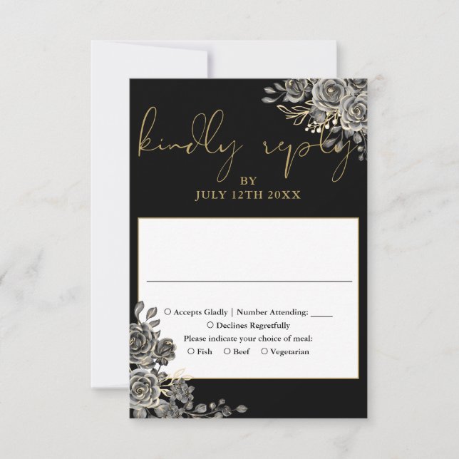 Gothic Floral Rose Black and Gold Hochzeit RSVP Karte (Vorderseite)