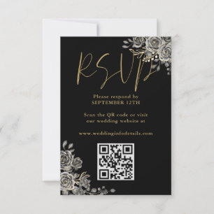 Gothic Floral Rose Black and Gold Wedding QR Code RSVP Karte