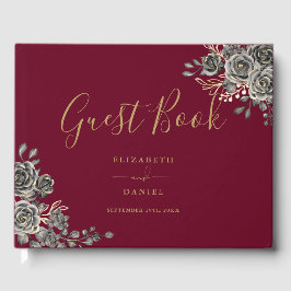 Gothic Floral Rose Burgund Rot und Gold Hochzeit Gästebuch
