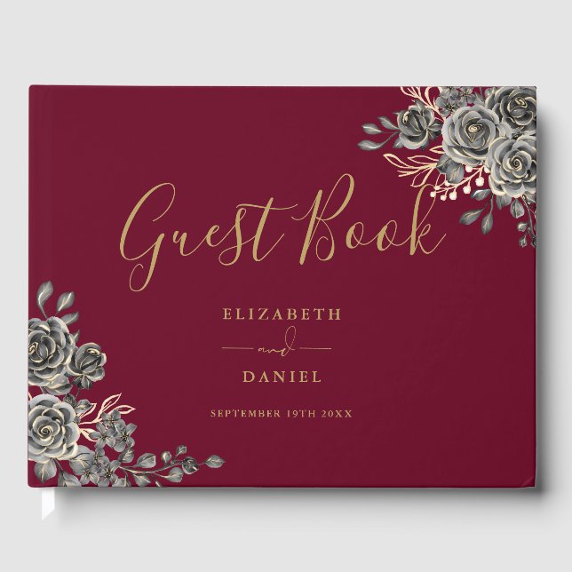 Gothic Floral Rose Burgund Rot und Gold Hochzeit Gästebuch (Vorderseite)