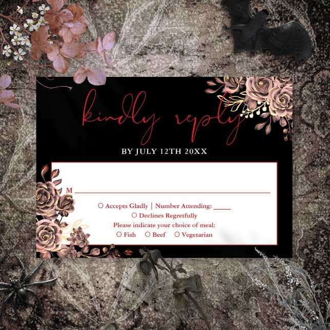Gothic Floral Rose Schwarz und Rot Hochzeit RSVP Karte (Gothic Floral Roses Black And Red Wedding RSVP Card)