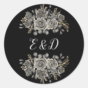 Gothic Floral Rose Schwarz-Weiß-Monogramm Runder Aufkleber