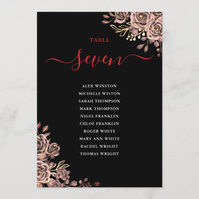 Gothic Floral Rose Sitzplan Tischnummer (Vorderseite)