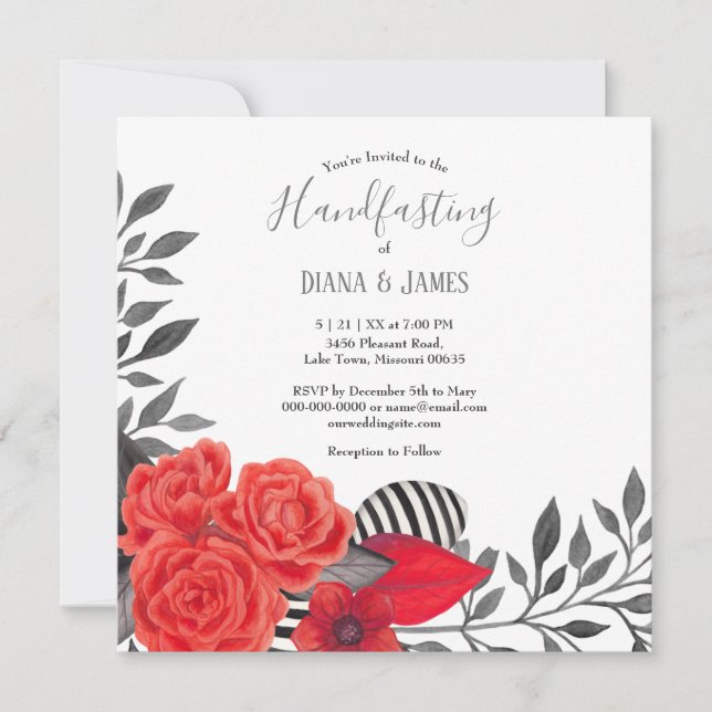 Gothic Floral | Rot- und Schwarz-Handverheiratung Einladung (Vorderseite)