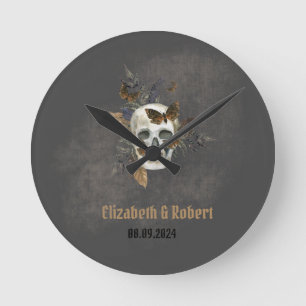 Gothic Floral Schädel Schmetterlinge Hochzeit  Runde Wanduhr