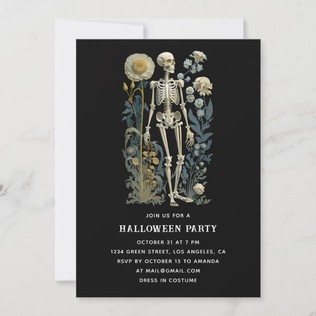 Gothic Floral Skeleton | Schwarzes Halloween-Party Einladung (Vorderseite)