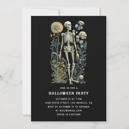 Gothic Floral Skeleton | Schwarzes Halloween-Party Einladung