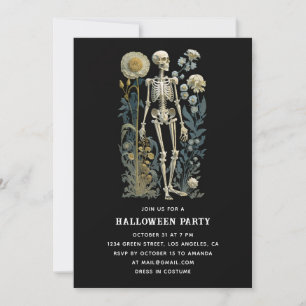 Gothic Floral Skeleton   Schwarzes Halloween-Party Einladung