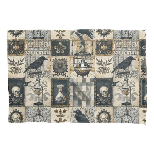 Gothic Floral Skull and Raven Pattern Kissenbezug (Vorderseite)