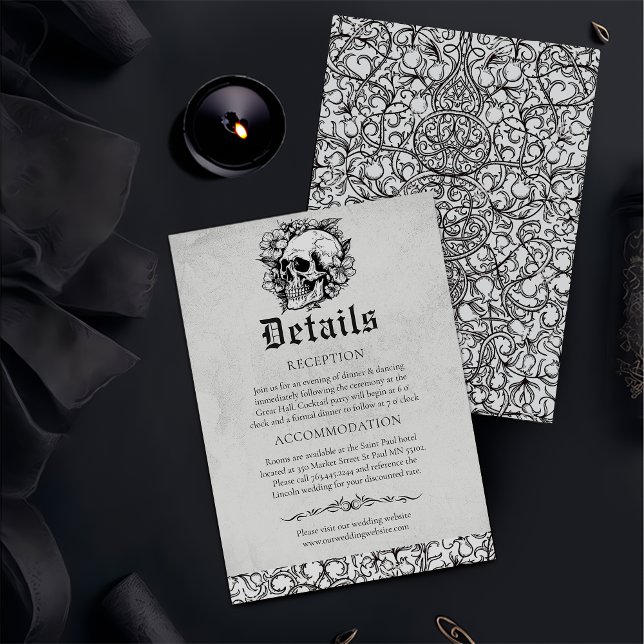 Gothic Floral Skull Black Wedding Details Begleitkarte (Von Creator hochgeladen)