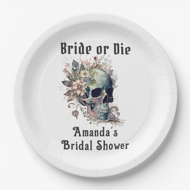 Gothic Floral Skull Bridge oder Die Brautparty Pappteller (Vorderseite)