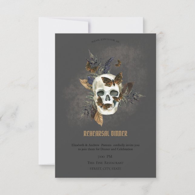 Gothic Floral Skull Butterfells Probe Dinner Einladung (Vorderseite)