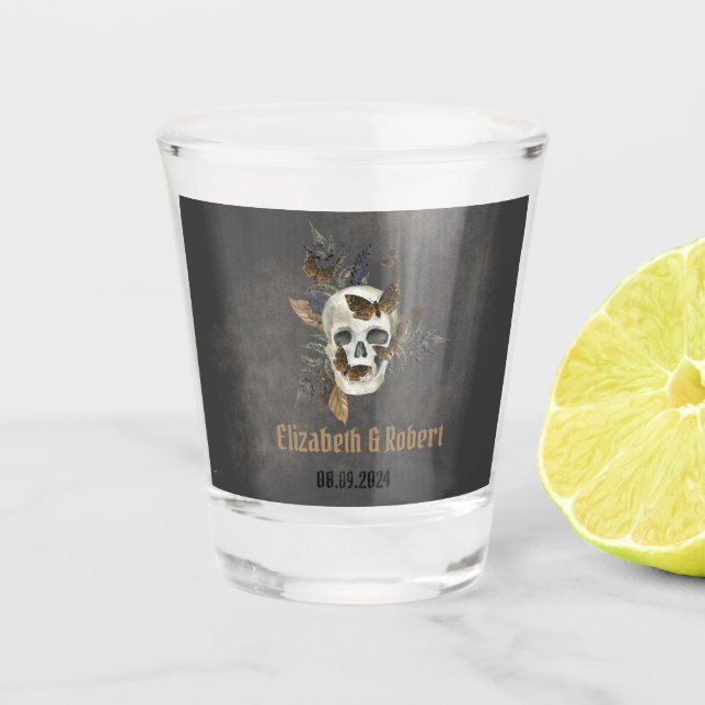 Gothic Floral Skull Butterflies Hochzeit Schnapsglas (Vorderseite)