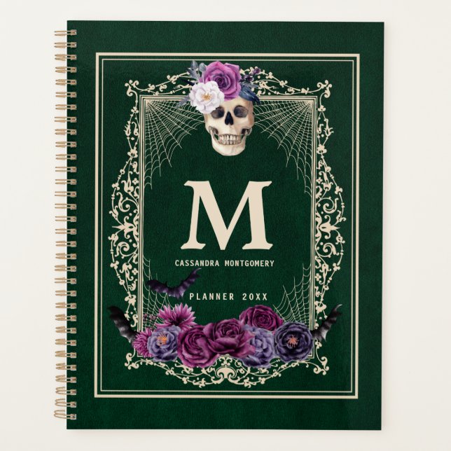 Gothic Floral Skull Custom Monogram & Name Green Planer (Vorderseite)