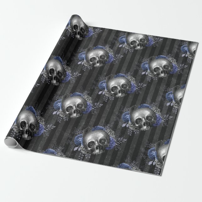 Gothic Floral Skull Halloween Geschenkpapier (Ungerollt)