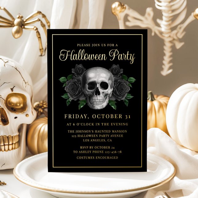 Gothic Floral Skull Halloween Gold Folieneinladung (Gothic Floral Skull Halloween Gold Foil Invitation)