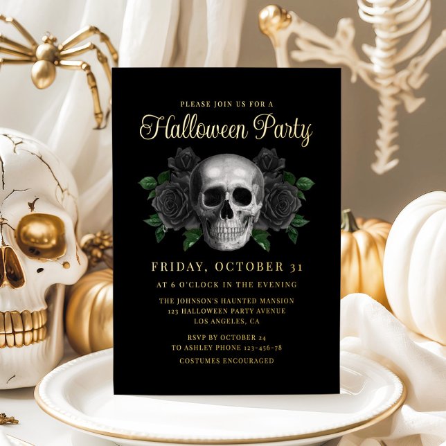 Gothic Floral Skull Halloween Gold Folieneinladung (Gothic Floral Skull Halloween Gold Foil Invitation)